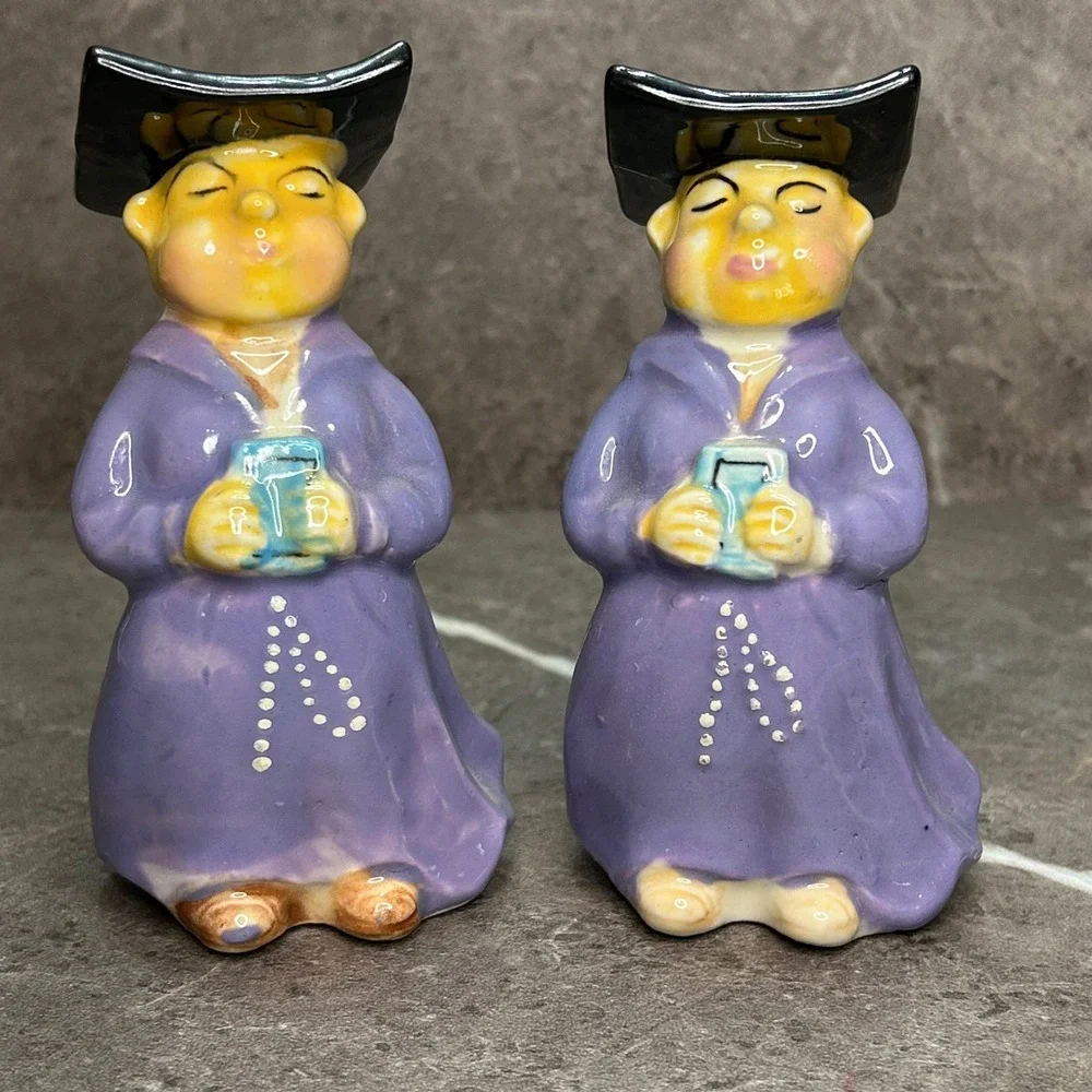 Vintage Japan Ceramic Monk Salt and Pepper Shakers Purple H9079 Mid Century Set